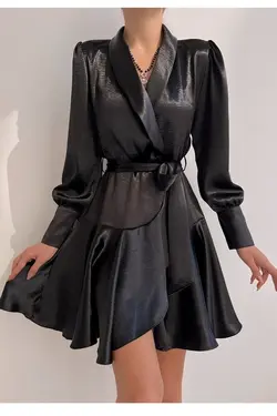 لباس مجلسی برش پارچه ساتن &amp; مشکی کمربند دار برند lovebox کد 1649782929