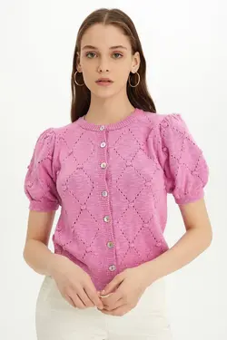 بافتنی دکمه‎دار طرح‎دار صورتی زنانه برند SHERIN کد 1649784068