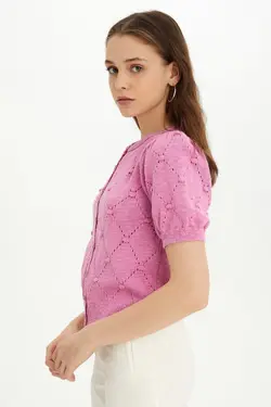 بافتنی دکمه‎دار طرح‎دار صورتی زنانه برند SHERIN کد 1649784068
