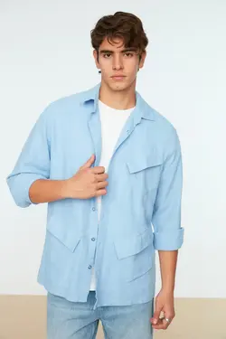 پیراهن جیب دار نامتفارن گشاد یقه بافتنی آبی مردانه برند TRENDYOL MAN کد 1649174028