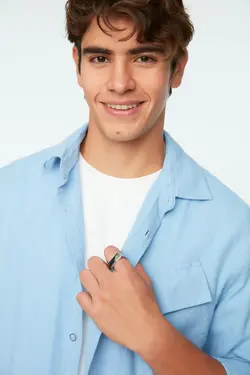 پیراهن جیب دار نامتفارن گشاد یقه بافتنی آبی مردانه برند TRENDYOL MAN کد 1649174028