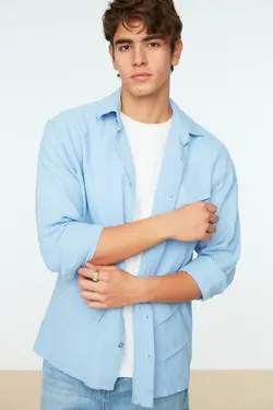 پیراهن جیب دار نامتفارن گشاد یقه بافتنی آبی مردانه برند TRENDYOL MAN کد 1649174028