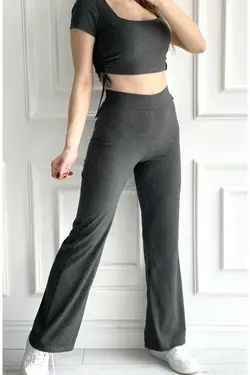 شلوار راحتی کمربند دار دور کمر بلند تابستانی گشاد طوسی زنانه برند FIT &amp; LUXURY کد 1649861717