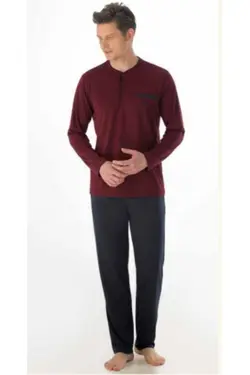 لباس راحتی جعبه‎دار آستین بلند زرشکی مردانه 100پنبه برند Eros کد 1649860029
