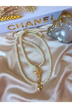 گردنبند ست فرشته قلب مروارید دوزی شده طلایی سه تایی برند Ophelia Aksesuar کد 1649833370