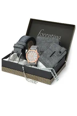 ساعت کیف پول ست کمربند دار کادو کارت ویزیت طوسی مردانه برند Forentina کد 1649830108
