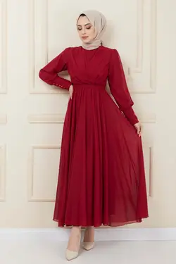 لباس مجلسی پوشیده دکمه‎دار شیفون کمربند دار برند İmajButik کد 1650138188