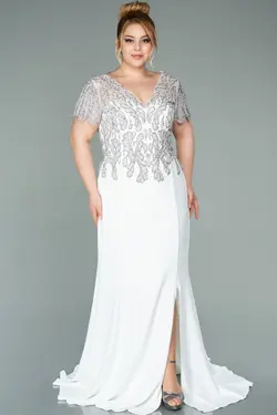 لباس مجلسی سایز بزرگ مهره دوزی شده آستین کوتاه سفید برند Abiyefon کد 1650119950
