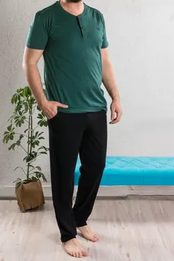 لباس راحتی دکمه‎دار با کیفیت بلند مودال پنبه ای طبیعی آستین کوتاه سبز مردانه برند BSM کد 1650108368