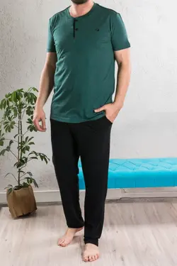 لباس راحتی دکمه‎دار با کیفیت بلند مودال پنبه ای طبیعی آستین کوتاه سبز مردانه برند BSM کد 1650108368