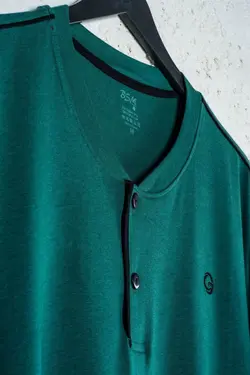 لباس راحتی دکمه‎دار با کیفیت بلند مودال پنبه ای طبیعی آستین کوتاه سبز مردانه برند BSM کد 1650108368