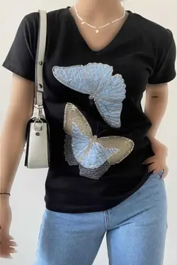 پولک دوزی شده پروانه یقه هفت تیشرت 100پنبه مشکی زنانه برند FEMELLE کد 1708435646