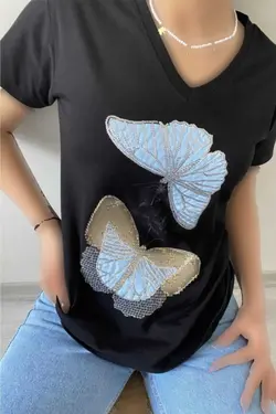 پولک دوزی شده پروانه یقه هفت تیشرت 100پنبه مشکی زنانه برند FEMELLE کد 1708435646