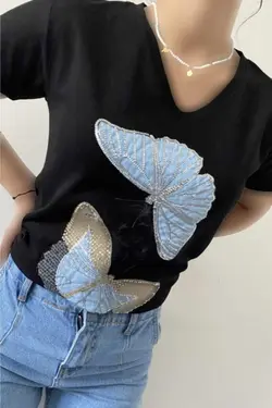 پولک دوزی شده پروانه یقه هفت تیشرت 100پنبه مشکی زنانه برند FEMELLE کد 1708435646