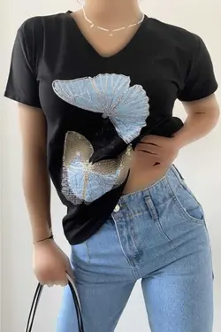 پولک دوزی شده پروانه یقه هفت تیشرت 100پنبه مشکی زنانه برند FEMELLE کد 1708435646