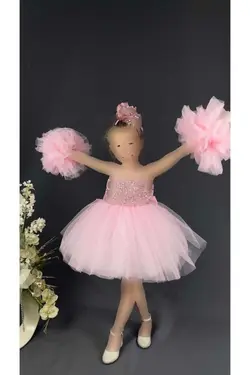 مجلسی دامن شیفون نگه دارنده پولک دوز پولکی آستین صورتی دخترانه برند Mnk Baby&amp;Kids کد 1708538585