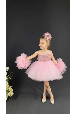 مجلسی دامن شیفون نگه دارنده پولک دوز پولکی آستین صورتی دخترانه برند Mnk Baby&amp;Kids کد 1708538585