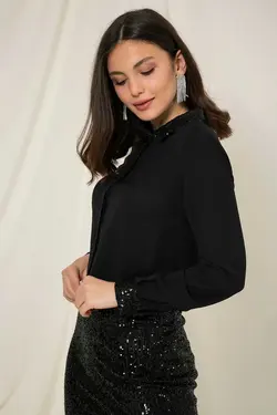 بلوز ، مجلسی بالا یقه سایز بزرگ آستین بلند لباس ها، راحت پولک، دکمه سر دست مشکی زنانه برند Arden کد 1708493588