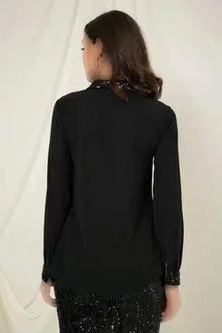 بلوز ، مجلسی بالا یقه سایز بزرگ آستین بلند لباس ها، راحت پولک، دکمه سر دست مشکی زنانه برند Arden کد 1708493588