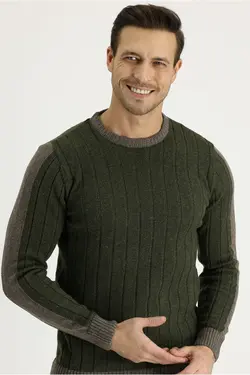 پلیور بافتنی اسلیم فیت طرح‎دار پشمی یقه گرد وسط یشمی مردانه برند Kiğılı کد 1650840313