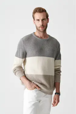 پلیور راه‎راه یقه گرد طوسی مردانه برند Avva کد 1650840918