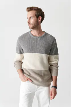 پلیور راه‎راه یقه گرد طوسی مردانه برند Avva کد 1650840918