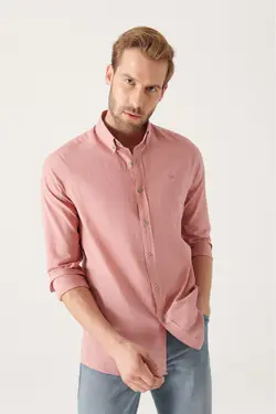 پیراهن متناسب ساده یقه آستین بلند رنگ گل رز پارچه نازک 100پنبه مردانه برند Avva کد 1650838987