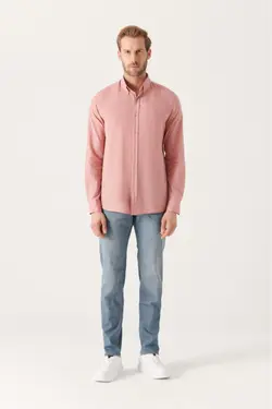 پیراهن متناسب ساده یقه آستین بلند رنگ گل رز پارچه نازک 100پنبه مردانه برند Avva کد 1650838987