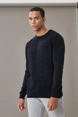 پلیور بافتنی یقه گرد سرمه ای استاندارد مردانه برند Altınyıldız Classics کد 1650839827