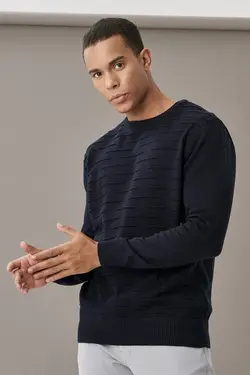 پلیور بافتنی یقه گرد سرمه ای استاندارد مردانه برند Altınyıldız Classics کد 1650839827