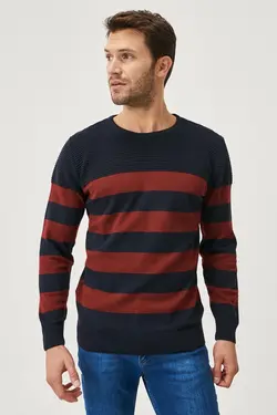 پلیور بافتنی طرح‎دار یقه گرد سرمه ای- استاندارد مردانه برند Altınyıldız Classics کد 1650839711