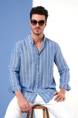 پیراهن دکمه‎دار یقه پنبه ای راه‎راه مردانه برند Buratti کد 1650839227