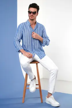 پیراهن دکمه‎دار یقه پنبه ای راه‎راه مردانه برند Buratti کد 1650839227