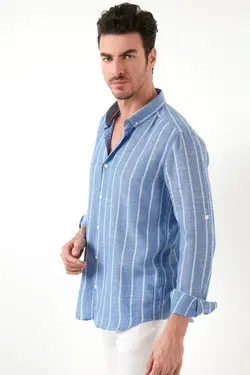 پیراهن دکمه‎دار یقه پنبه ای راه‎راه مردانه برند Buratti کد 1650839227