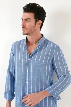 پیراهن دکمه‎دار یقه پنبه ای راه‎راه مردانه برند Buratti کد 1650839227