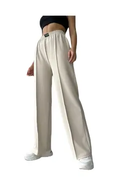 شلوار راحتی دور کمر بلند پالازا پاچه گشاد راه‎راه دوخته شده جلو بژ زنانه برند flastwear کد 1650818828