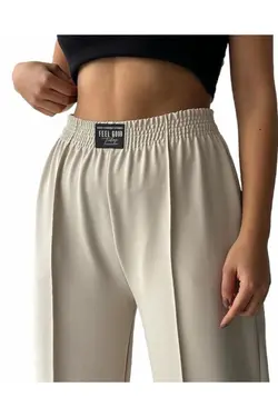 شلوار راحتی دور کمر بلند پالازا پاچه گشاد راه‎راه دوخته شده جلو بژ زنانه برند flastwear کد 1650818828
