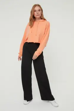 شلوار راحتی بافتنی دور کمر بلند طرح‎دار پاچه گشاد مشکی برند TRENDYOL MODEST کد 1650819547
