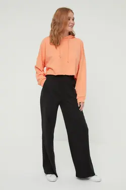 شلوار راحتی بافتنی دور کمر بلند طرح‎دار پاچه گشاد مشکی برند TRENDYOL MODEST کد 1650819547