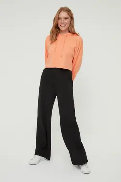 شلوار راحتی بافتنی دور کمر بلند طرح‎دار پاچه گشاد مشکی برند TRENDYOL MODEST کد 1650819547