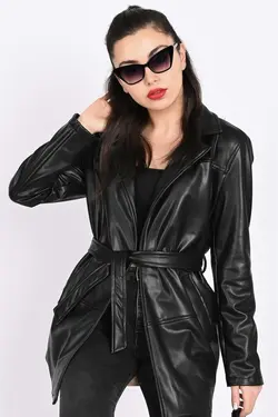 کت چرم کمربند زنانه کمربند‎دار برند Koza Butik کد 1650952933