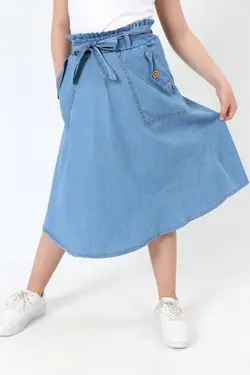 دامن جین ست جیب دار پارچه قد کمربند‎دار کشی دخترانه برند Asortix کد 1651013110