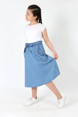 دامن جین ست جیب دار پارچه قد کمربند‎دار کشی دخترانه برند Asortix کد 1651013110