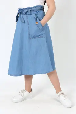 دامن جین ست جیب دار پارچه قد کمربند‎دار کشی دخترانه برند Asortix کد 1651013110