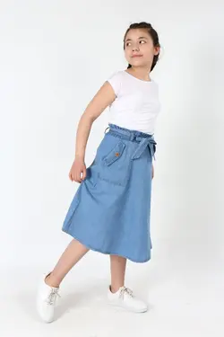 دامن جین ست جیب دار پارچه قد کمربند‎دار کشی دخترانه برند Asortix کد 1651013110