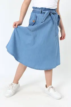 دامن جین ست جیب دار پارچه قد کمربند‎دار کشی دخترانه برند Asortix کد 1651013110