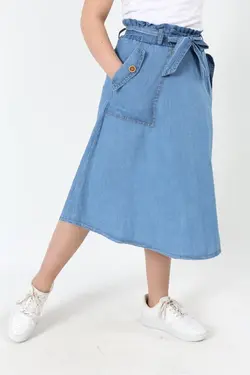 دامن جین ست جیب دار پارچه قد کمربند‎دار کشی دخترانه برند Asortix کد 1651013110