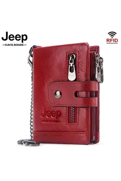 کیف پول زنجیردار سکه جعبه‎دار ویژه قرمز جا کارتی چرم اصل برند Jeep کد 1651231513