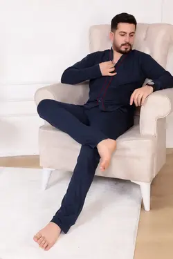 لباس راحتی دکمه‎دار پنبه ای آستین بلند سرمه مردانه برند yogg yogg کد 1651173324