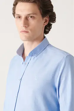 پیراهن متناسب دکمه‎دار یقه آبی روشن مردانه برند Avva کد 1651113546